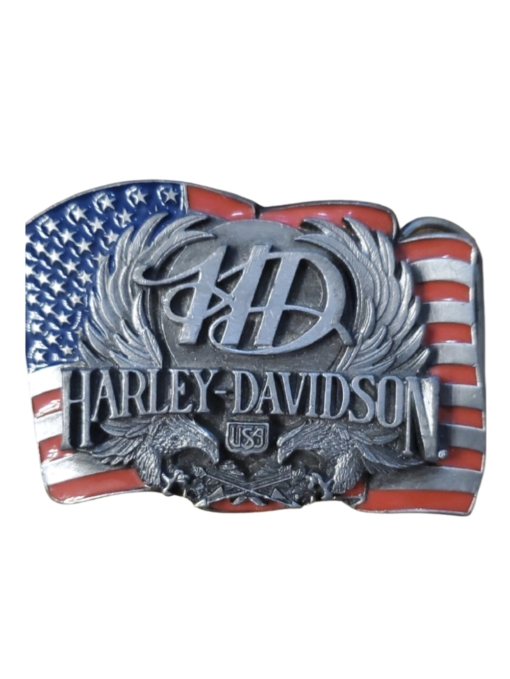 Harley-Davidson Patriotic Eagle Flag Belt Buckle 1989 Siskiyou- Red, White, Blue